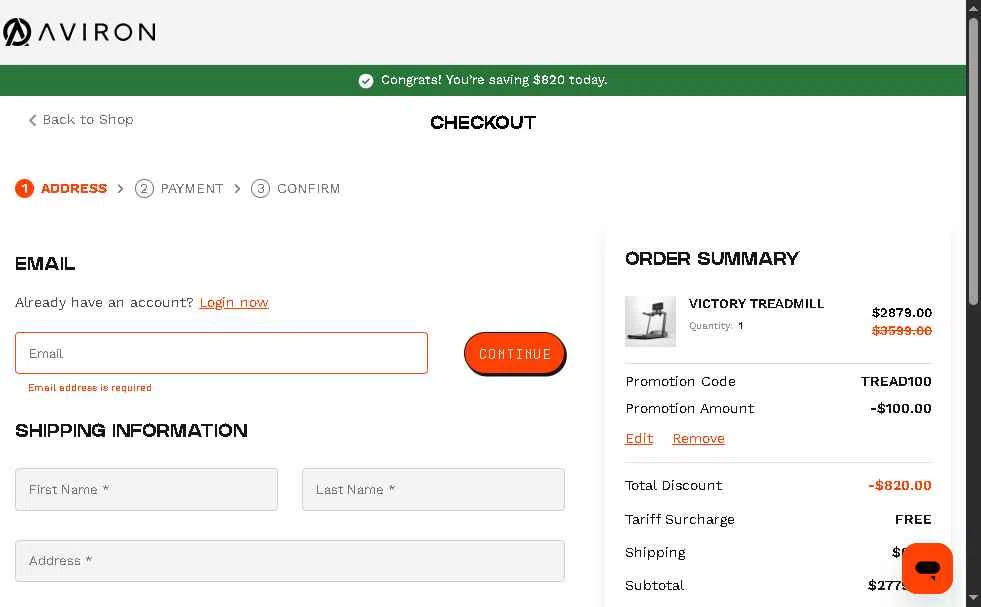 Aviron checkout page showing Aviron promo code box | Screenshot taken by SimplyCodes community member on Dec 18, 2025