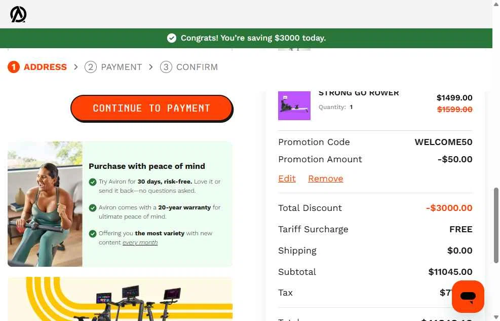 Aviron checkout page showing Aviron promo code box | Screenshot taken by SimplyCodes community member on Oct 26, 2025