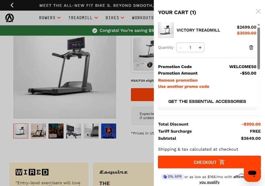 Aviron checkout page showing Aviron promo code box | Screenshot taken by SimplyCodes community member on Oct 26, 2025