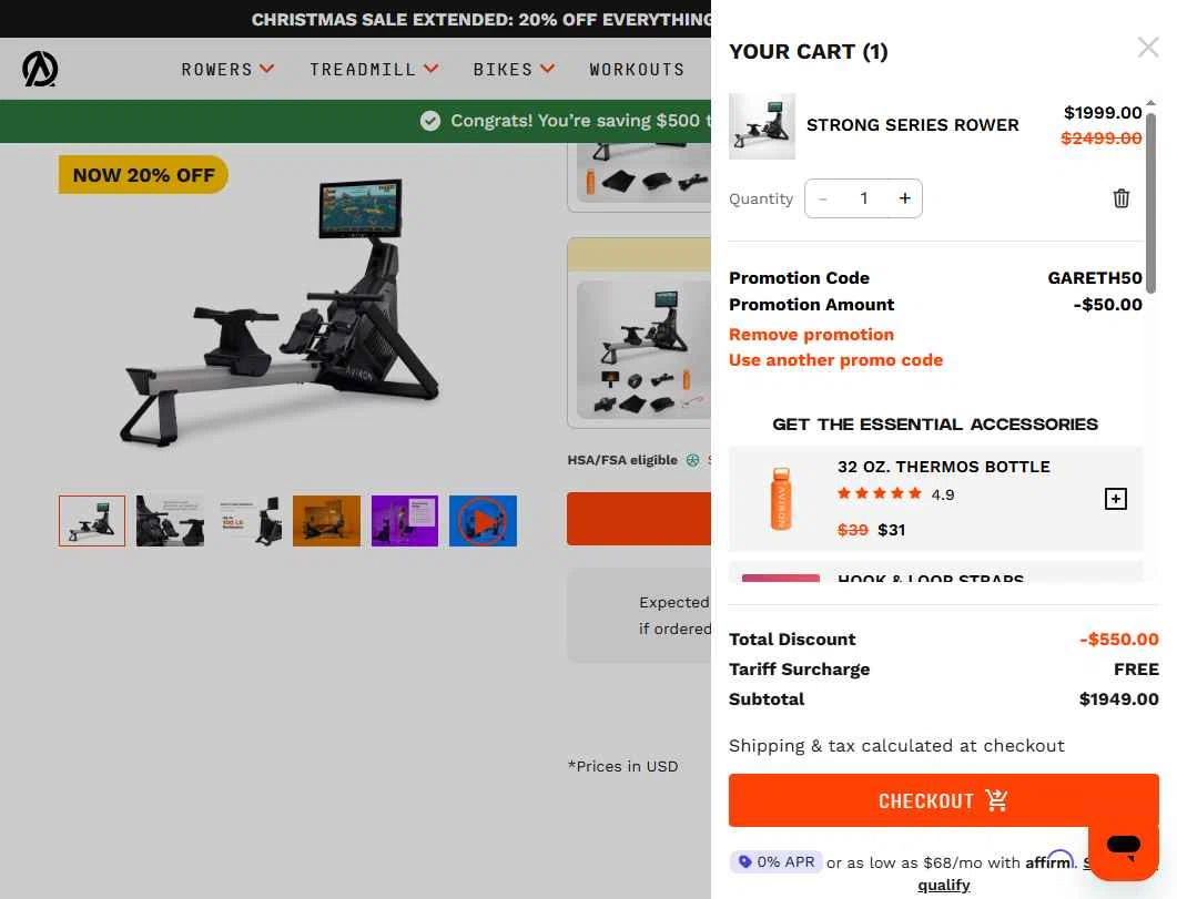 Aviron checkout page showing Aviron promo code box | Screenshot taken by SimplyCodes community member on Dec 17, 2025
