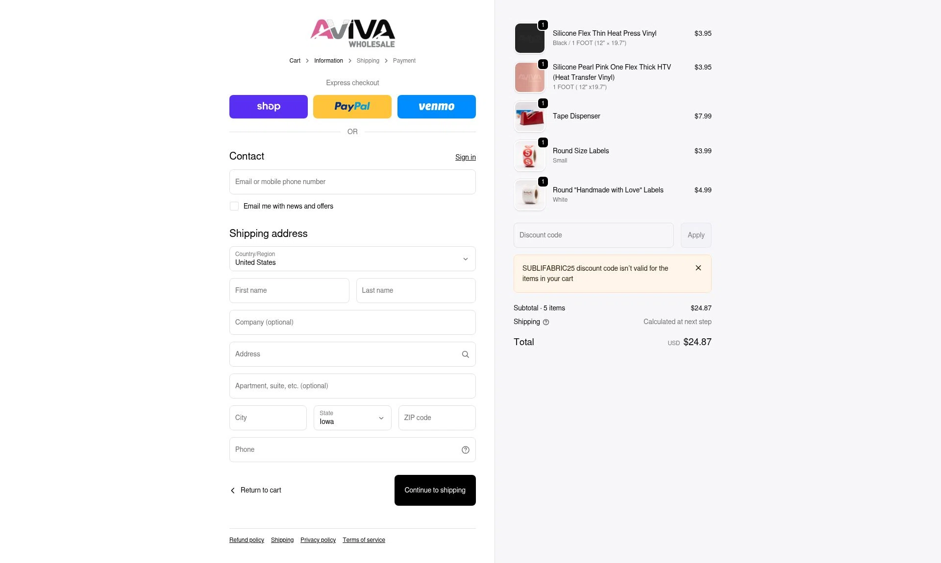 Aviva Wholesale checkout page showing Aviva Wholesale discount code box | Screenshot taken by SimplyCodes community member on Feb 19, 2026