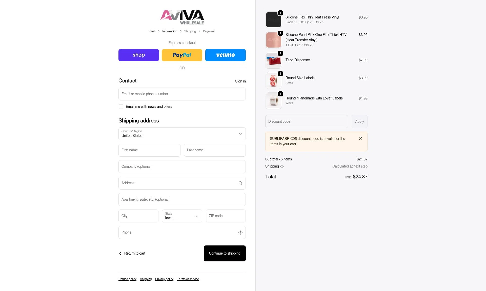 Aviva Wholesale checkout page showing Aviva Wholesale discount code box | Screenshot taken by SimplyCodes community member on Jan 28, 2026