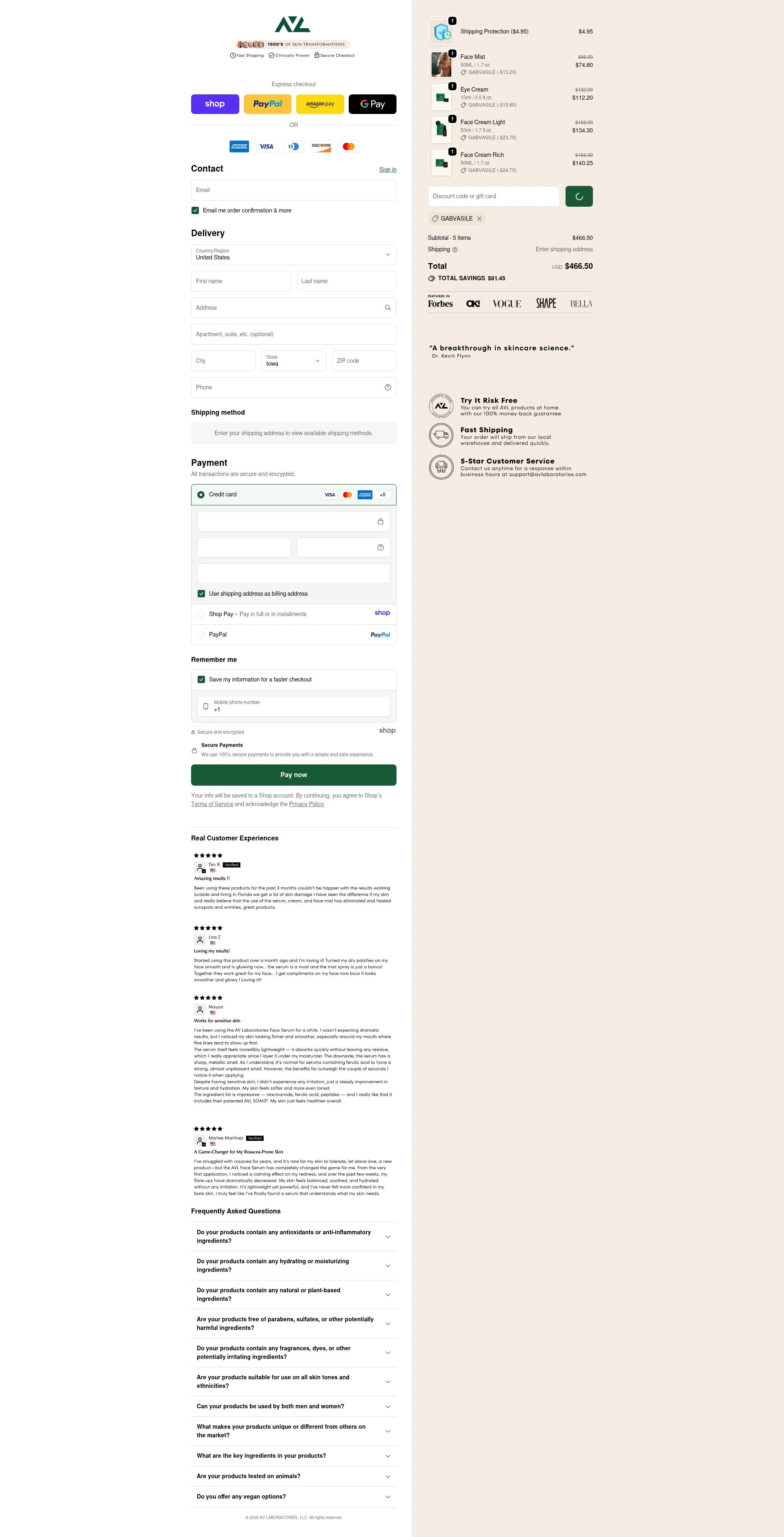 AV Laboratories checkout page showing AV Laboratories promo code box | Screenshot taken by SimplyCodes community member on Dec 30, 2025