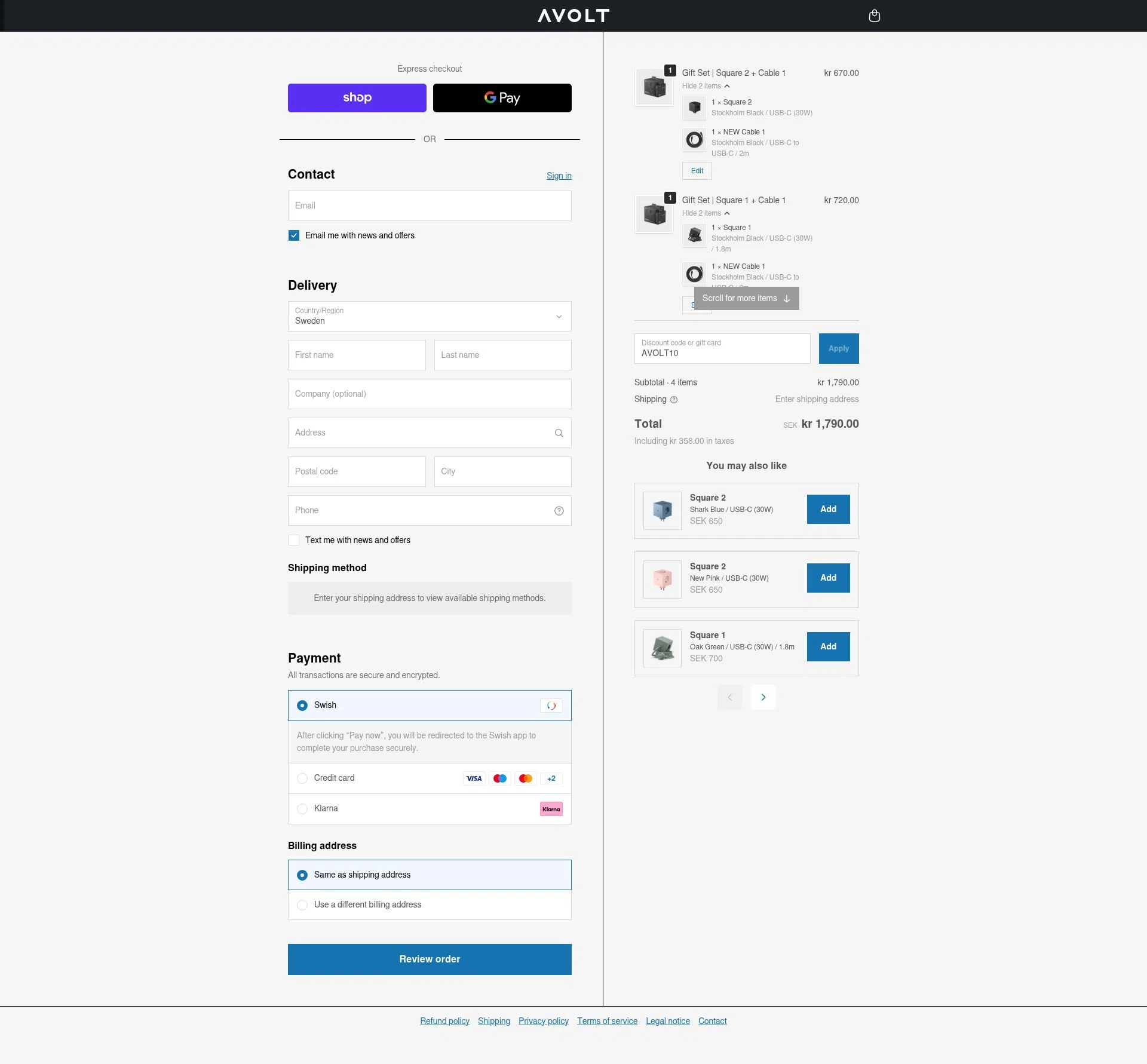 Avolt checkout page showing Avolt discount code box | Screenshot taken by SimplyCodes community member on Feb 10, 2026