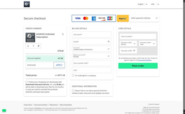 AVS4You checkout page showing AVS4You discount code box | Screenshot taken by SimplyCodes community member on Jul 28, 2025