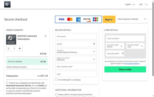 AVS4You checkout page showing AVS4You discount code box | Screenshot taken by SimplyCodes community member on Jun 18, 2025