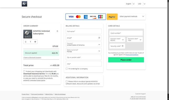 AVS4You checkout page showing AVS4You discount code box | Screenshot taken by SimplyCodes community member on Sep 4, 2025