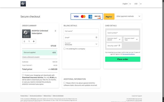 AVS4You checkout page showing AVS4You discount code box | Screenshot taken by SimplyCodes community member on Jul 18, 2025