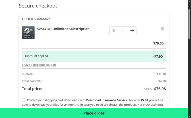 AVS4You checkout page showing AVS4You discount code box | Screenshot taken by SimplyCodes community member on Jul 18, 2025