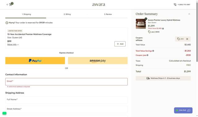 Awara Sleep checkout page showing Awara Sleep promo code box | Screenshot taken by SimplyCodes community member on Aug 16, 2025