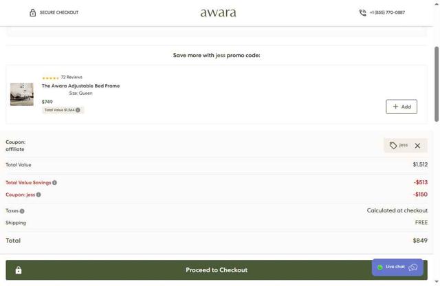 Awara Sleep checkout page showing Awara Sleep promo code box | Screenshot taken by SimplyCodes community member on Jul 18, 2025