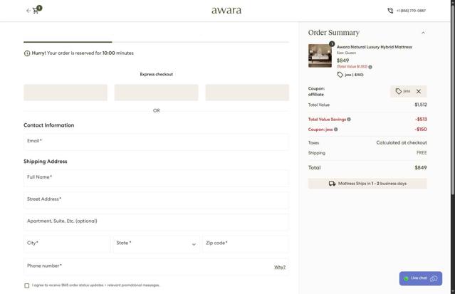 Awara Sleep checkout page showing Awara Sleep promo code box | Screenshot taken by SimplyCodes community member on Sep 12, 2025