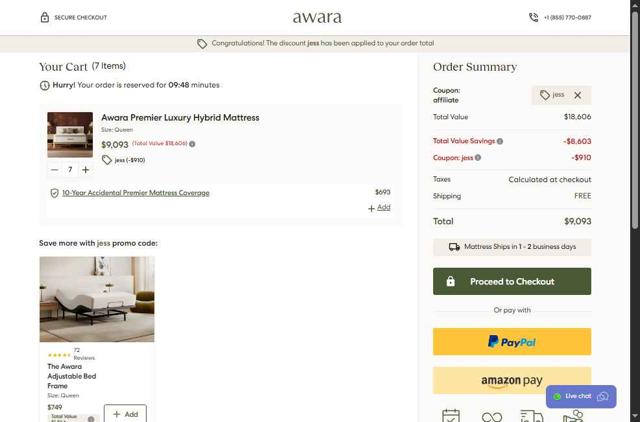 Awara Sleep checkout page showing Awara Sleep promo code box | Screenshot taken by SimplyCodes community member on Jun 20, 2025