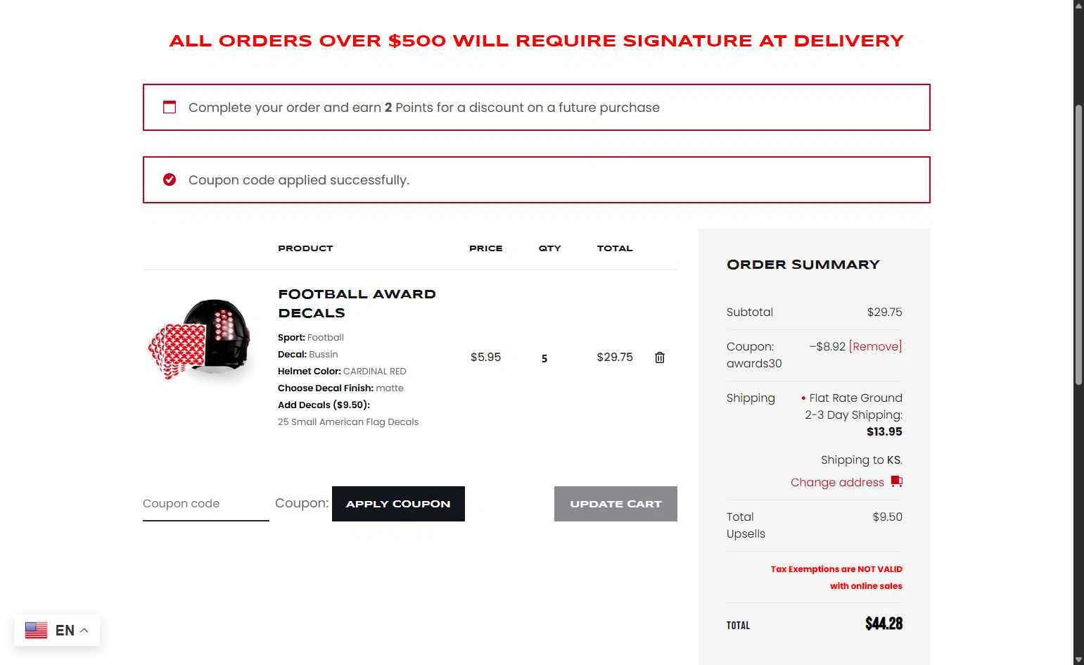Award Decals checkout page showing Award Decals coupon code box | Screenshot taken by SimplyCodes community member on Jan 1, 2026