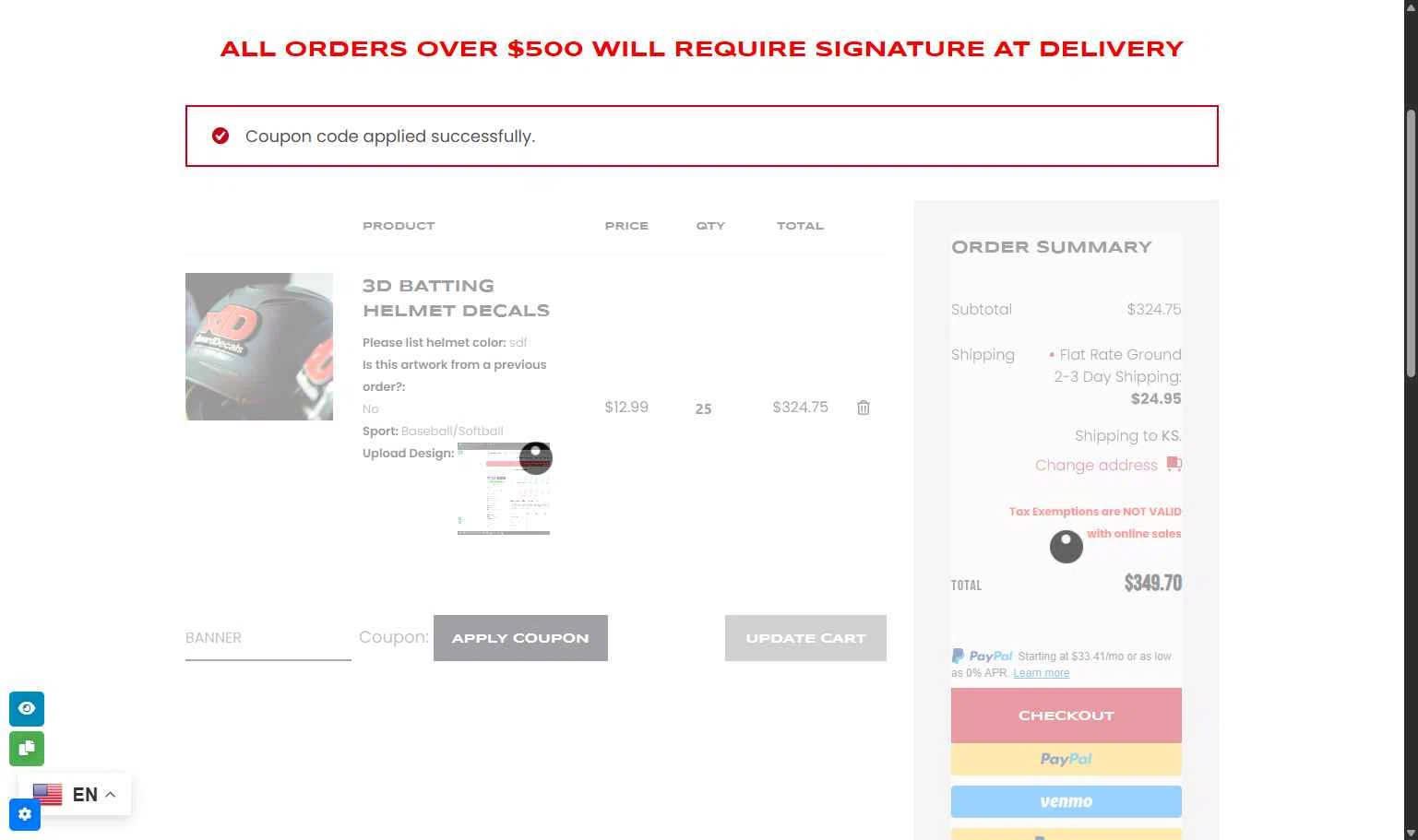 Award Decals checkout page showing Award Decals coupon code box | Screenshot taken by SimplyCodes community member on Dec 31, 2025