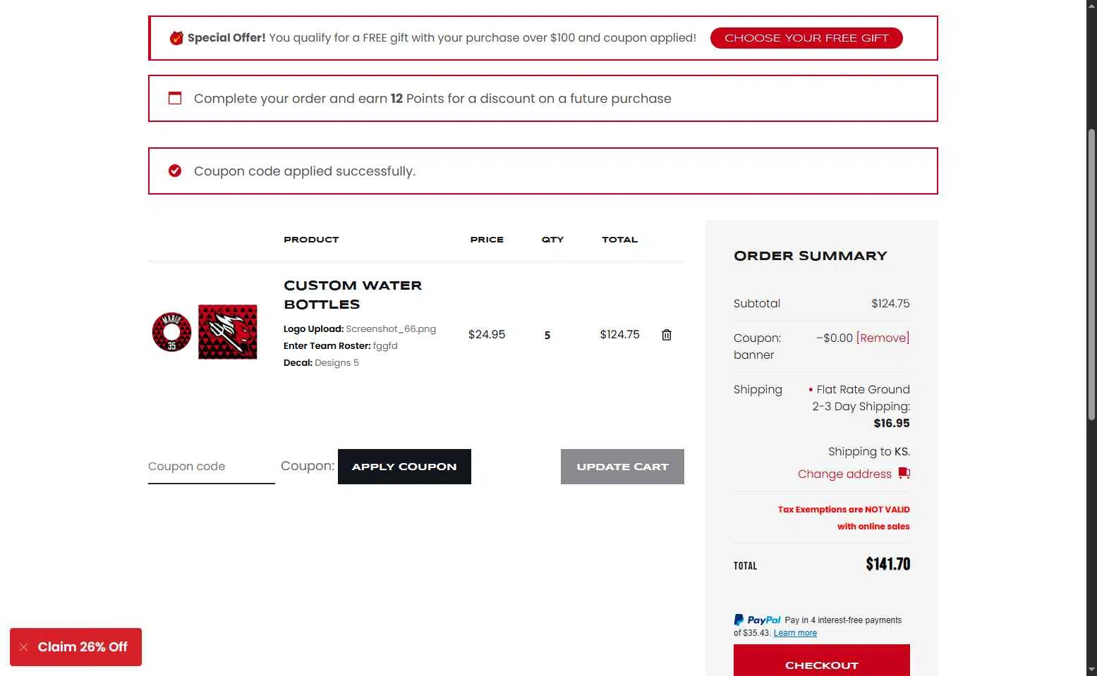 Award Decals checkout page showing Award Decals coupon code box | Screenshot taken by SimplyCodes community member on Jan 29, 2026