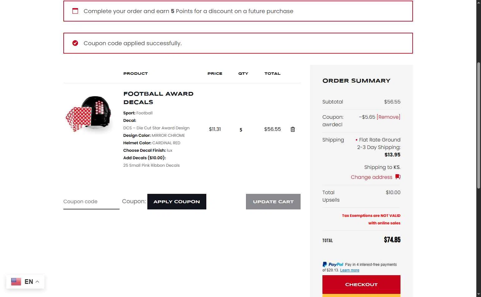 Award Decals checkout page showing Award Decals coupon code box | Screenshot taken by SimplyCodes community member on Dec 29, 2025