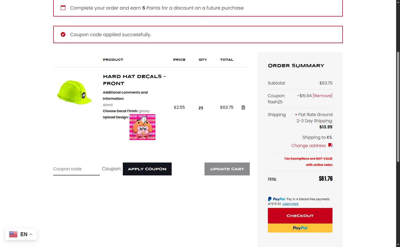 Award Decals checkout page showing Award Decals coupon code box | Screenshot taken by SimplyCodes community member on Feb 8, 2026