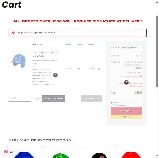 Award Decals checkout page showing Award Decals coupon code box | Screenshot taken by SimplyCodes community member on Jan 10, 2026
