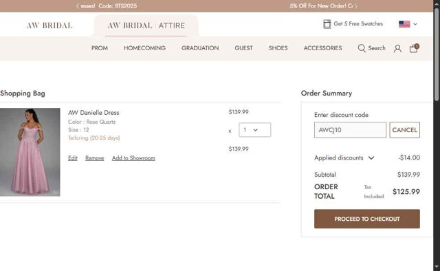 AW Bridal checkout page showing AW Bridal discount code box | Screenshot taken by SimplyCodes community member on Aug 26, 2025