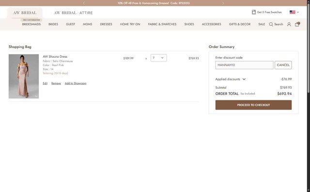 AW Bridal checkout page showing AW Bridal discount code box | Screenshot taken by SimplyCodes community member on Aug 20, 2025