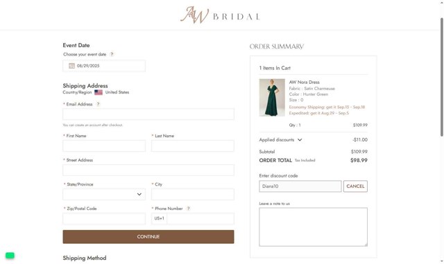 AW Bridal checkout page showing AW Bridal discount code box | Screenshot taken by SimplyCodes community member on Aug 17, 2025