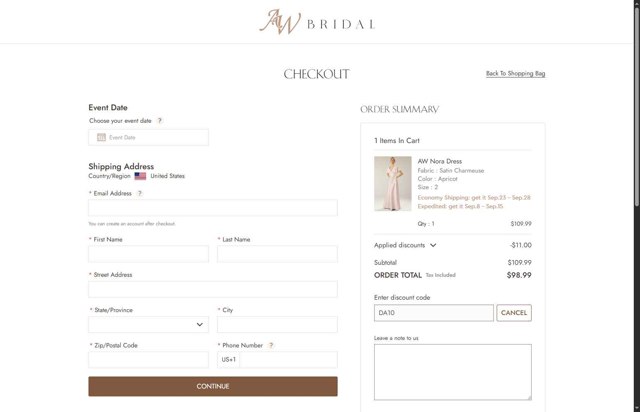 AW Bridal checkout page showing AW Bridal discount code box | Screenshot taken by SimplyCodes community member on Aug 27, 2025