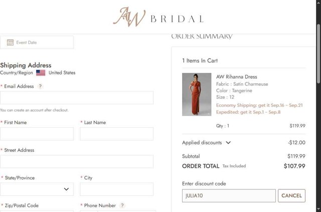 AW Bridal checkout page showing AW Bridal discount code box | Screenshot taken by SimplyCodes community member on Aug 17, 2025