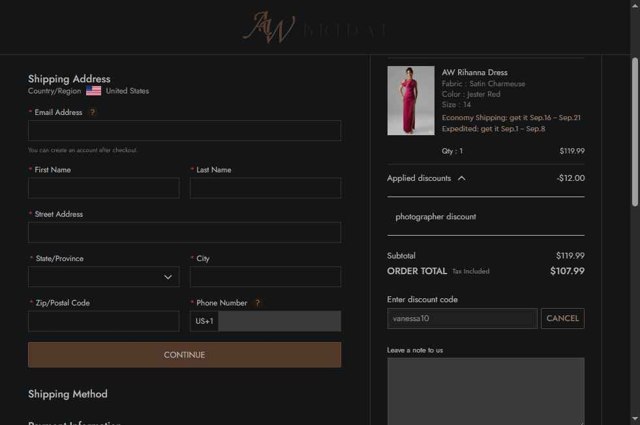 AW Bridal checkout page showing AW Bridal discount code box | Screenshot taken by SimplyCodes community member on Aug 17, 2025
