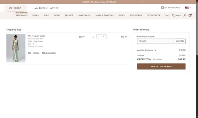 AW Bridal checkout page showing AW Bridal discount code box | Screenshot taken by SimplyCodes community member on Aug 28, 2025