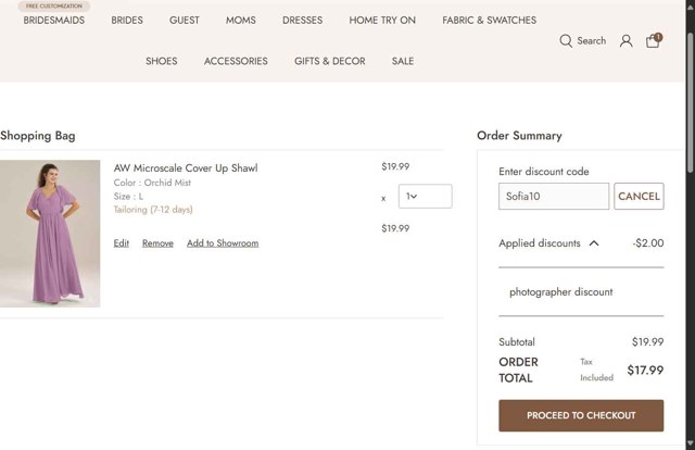 AW Bridal checkout page showing AW Bridal discount code box | Screenshot taken by SimplyCodes community member on Aug 20, 2025