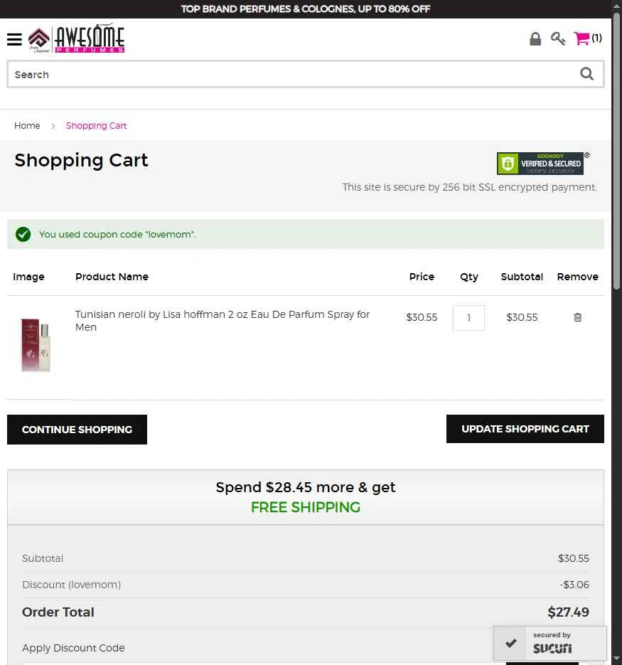 Awesome Perfumes checkout page showing Awesome Perfumes discount code box | Screenshot taken by SimplyCodes community member on May 2, 2025