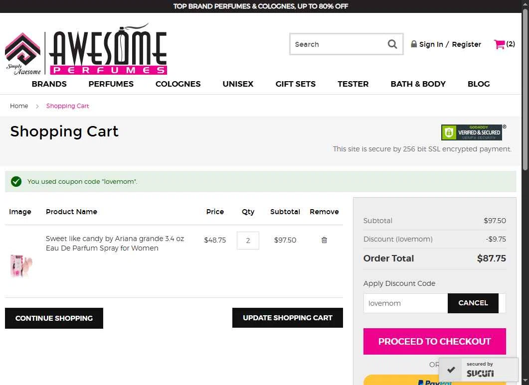 Awesome Perfumes checkout page showing Awesome Perfumes discount code box | Screenshot taken by SimplyCodes community member on May 2, 2025