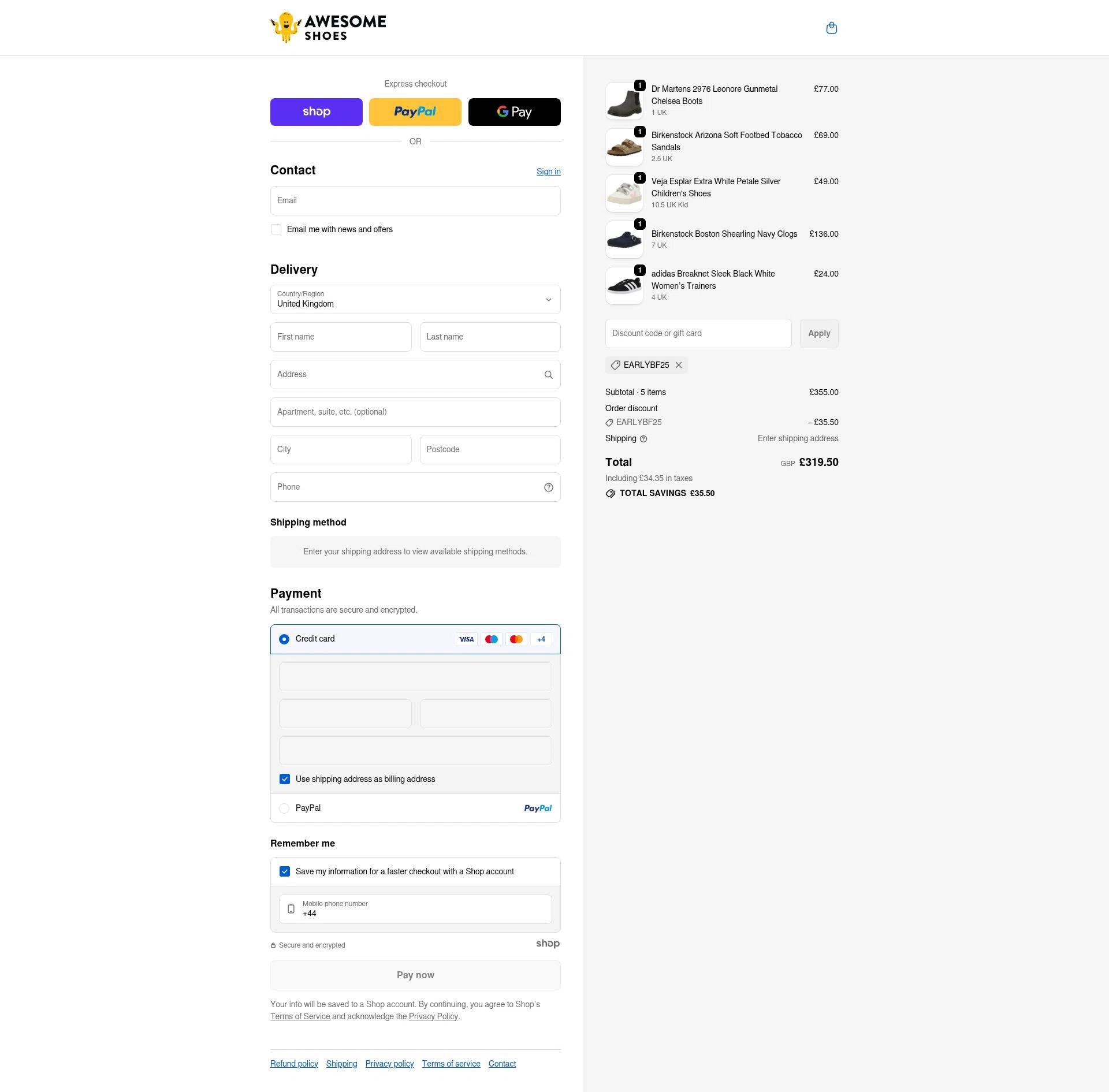 Awesome Shoes checkout page showing Awesome Shoes promo code box | Screenshot taken by SimplyCodes community member on Nov 25, 2025