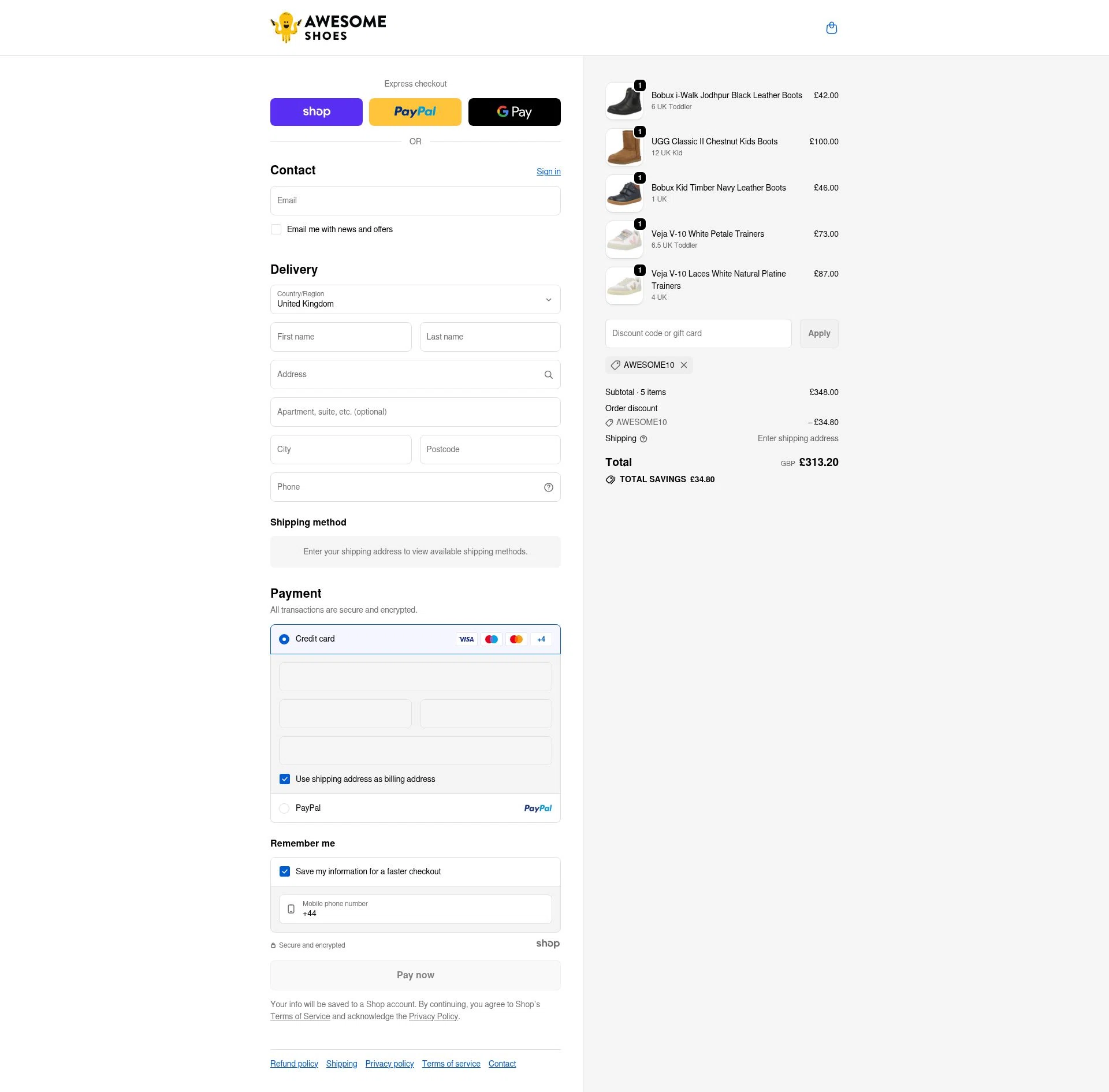 Awesome Shoes checkout page showing Awesome Shoes promo code box | Screenshot taken by SimplyCodes community member on Dec 11, 2025
