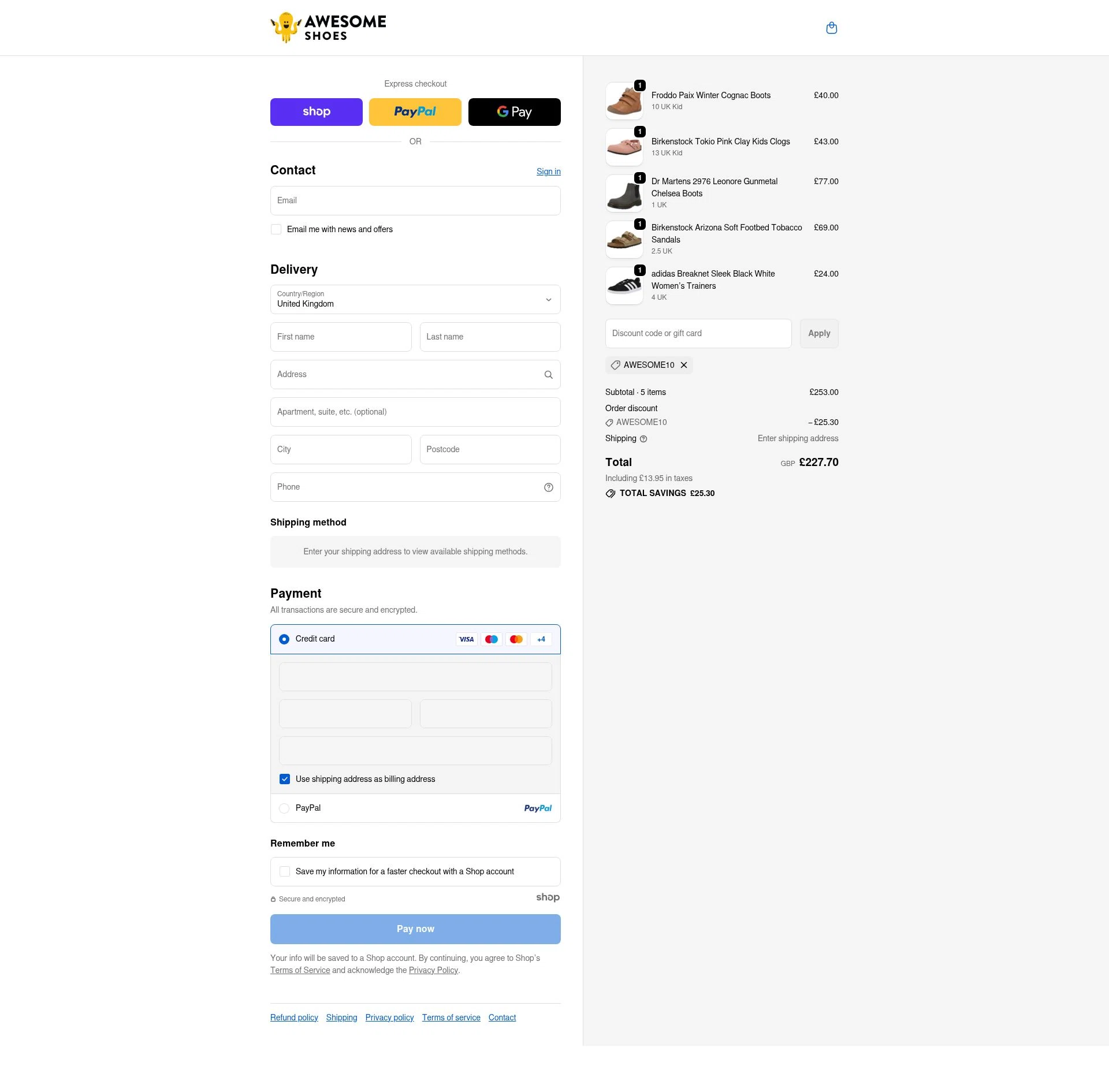 Awesome Shoes checkout page showing Awesome Shoes promo code box | Screenshot taken by SimplyCodes community member on Nov 30, 2025