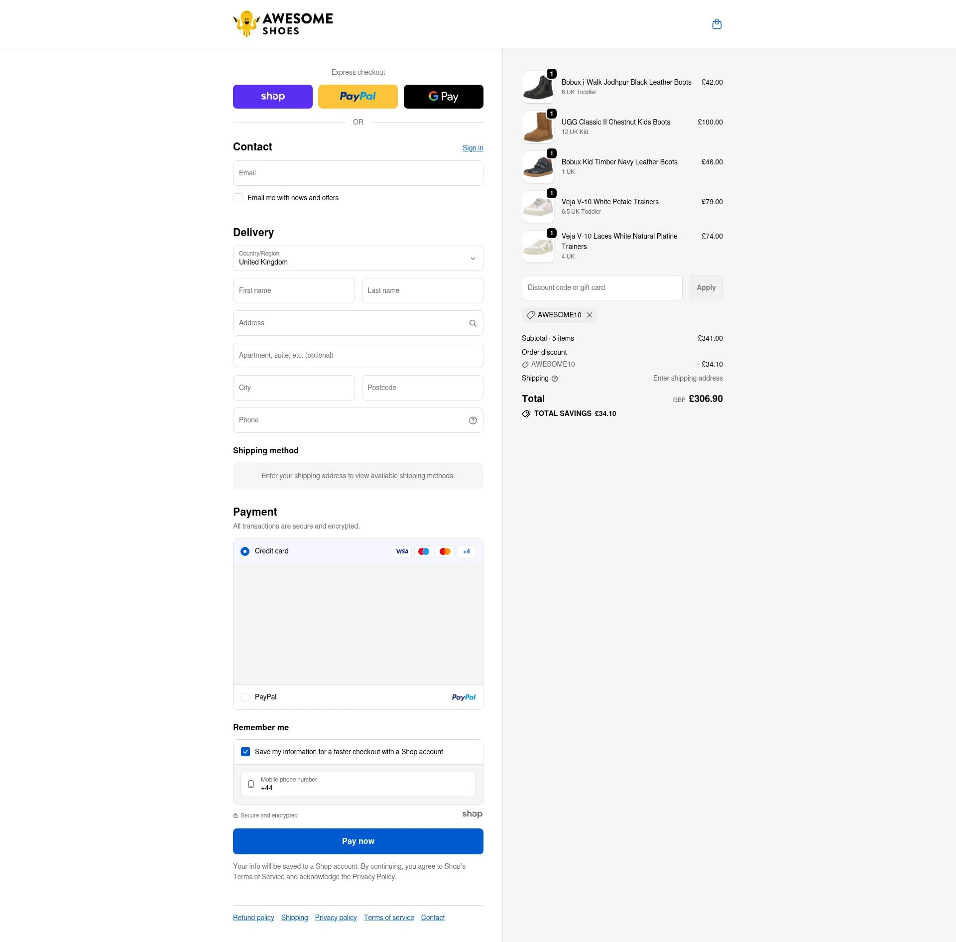 Awesome Shoes checkout page showing Awesome Shoes promo code box | Screenshot taken by SimplyCodes community member on Dec 6, 2025