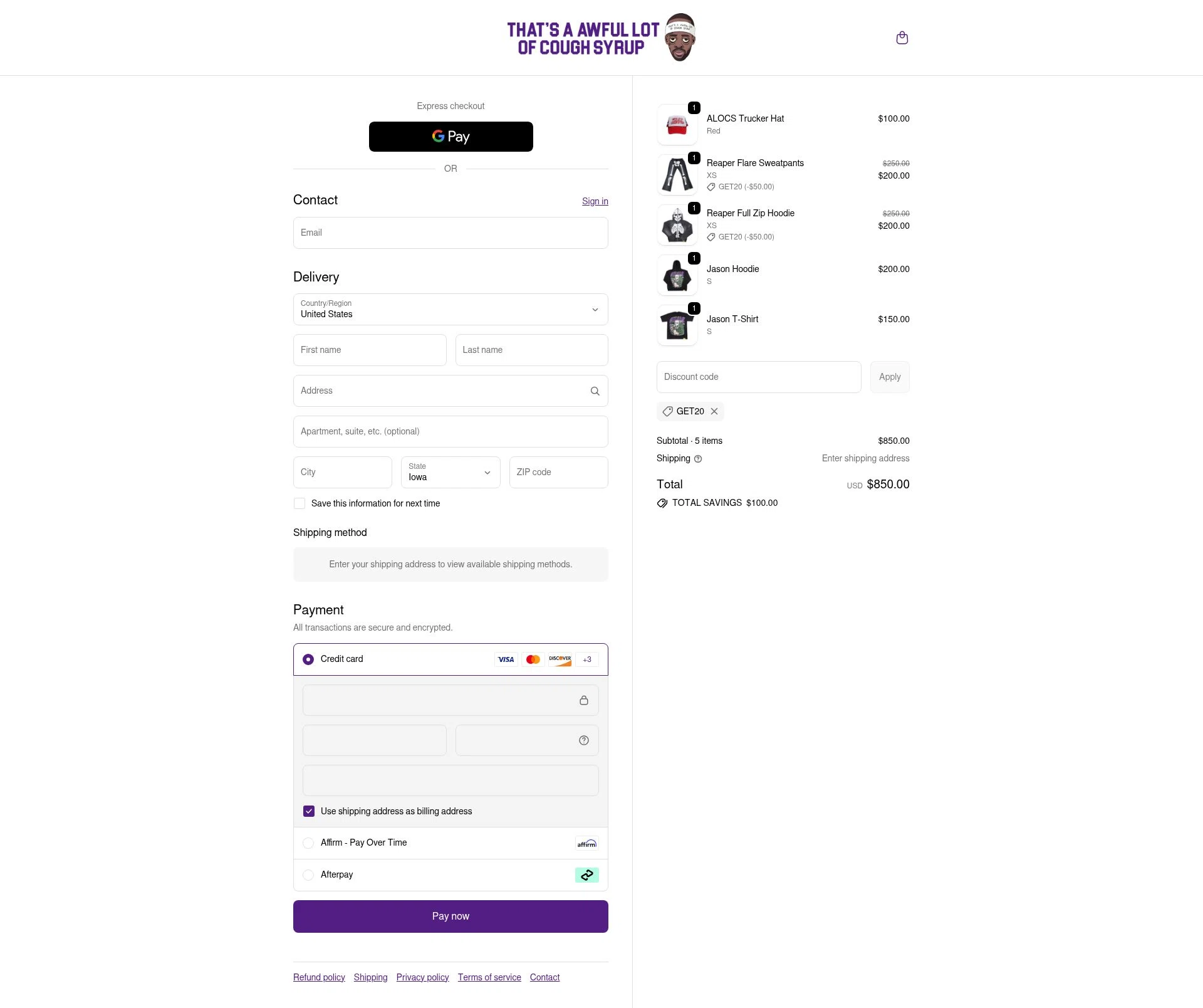 Thats A Awful Lot Of Cough Syrup checkout page showing Thats A Awful Lot Of Cough Syrup promo code box | Screenshot taken by SimplyCodes community member on Oct 23, 2025