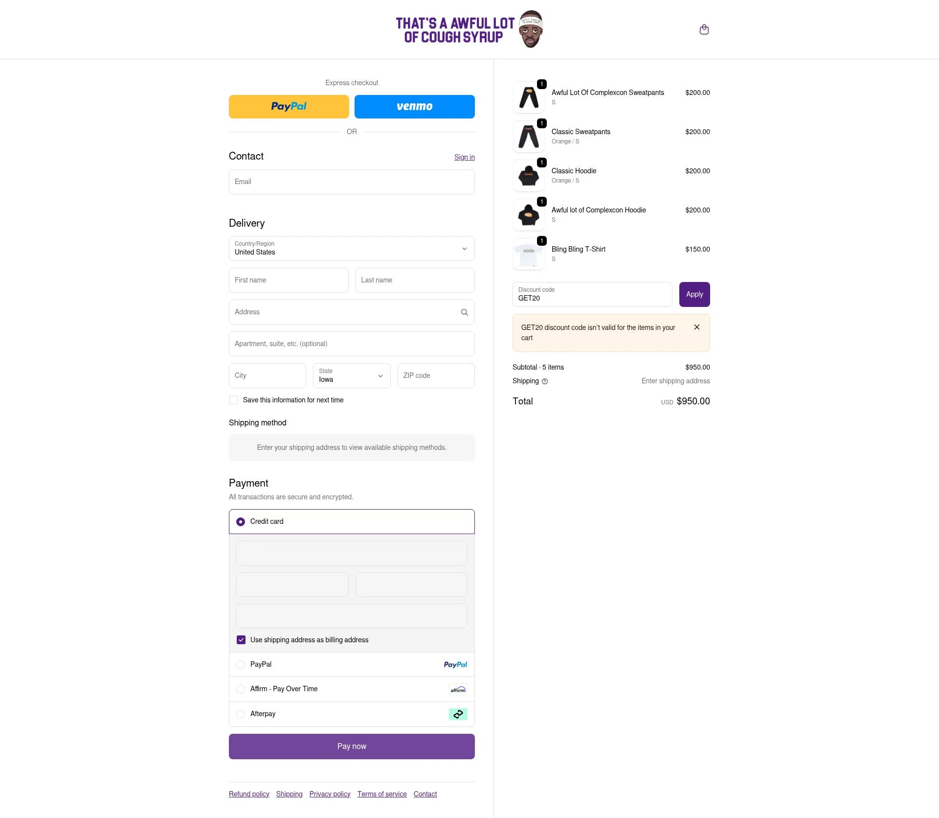 Thats A Awful Lot Of Cough Syrup checkout page showing Thats A Awful Lot Of Cough Syrup promo code box | Screenshot taken by SimplyCodes community member on Nov 15, 2025