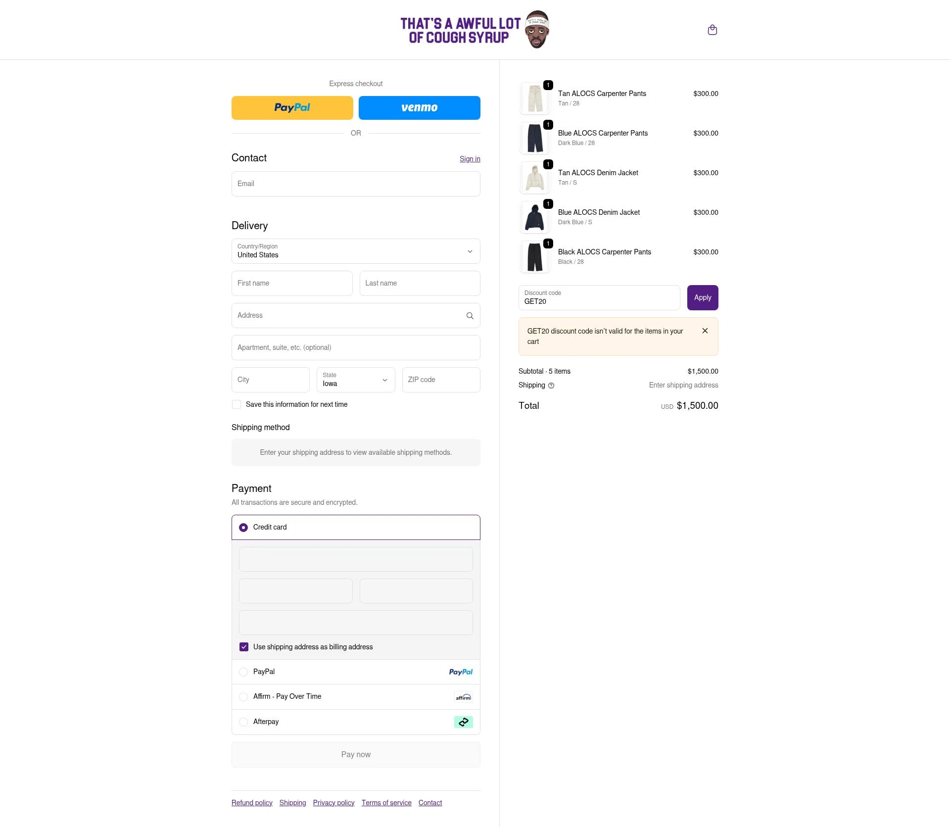 Thats A Awful Lot Of Cough Syrup checkout page showing Thats A Awful Lot Of Cough Syrup promo code box | Screenshot taken by SimplyCodes community member on Nov 25, 2025