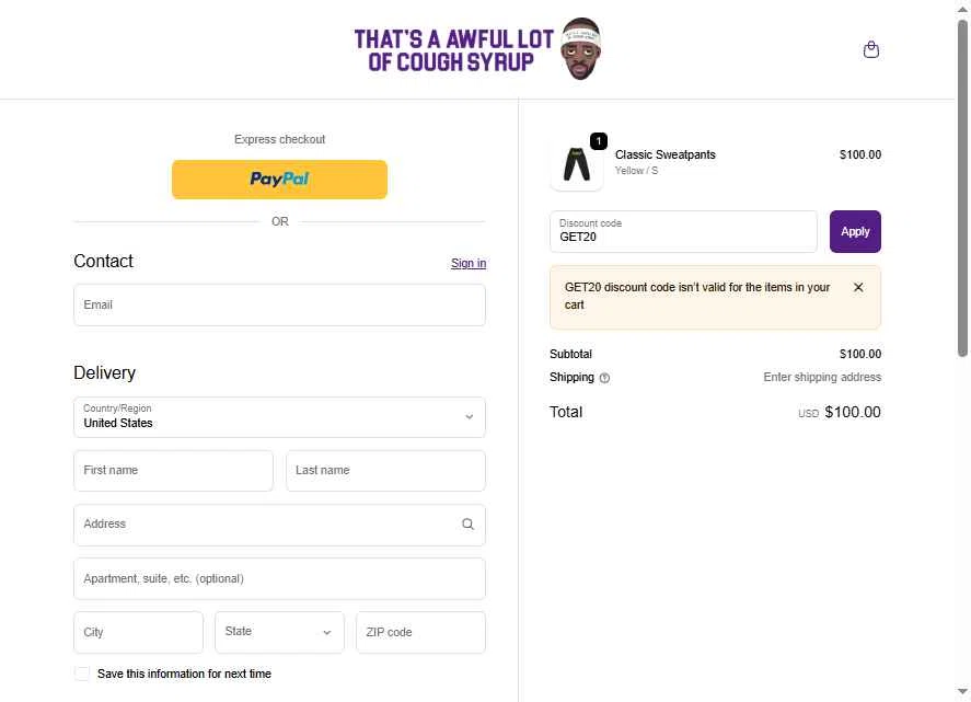 Thats A Awful Lot Of Cough Syrup checkout page showing Thats A Awful Lot Of Cough Syrup promo code box | Screenshot taken by SimplyCodes community member on Nov 13, 2025