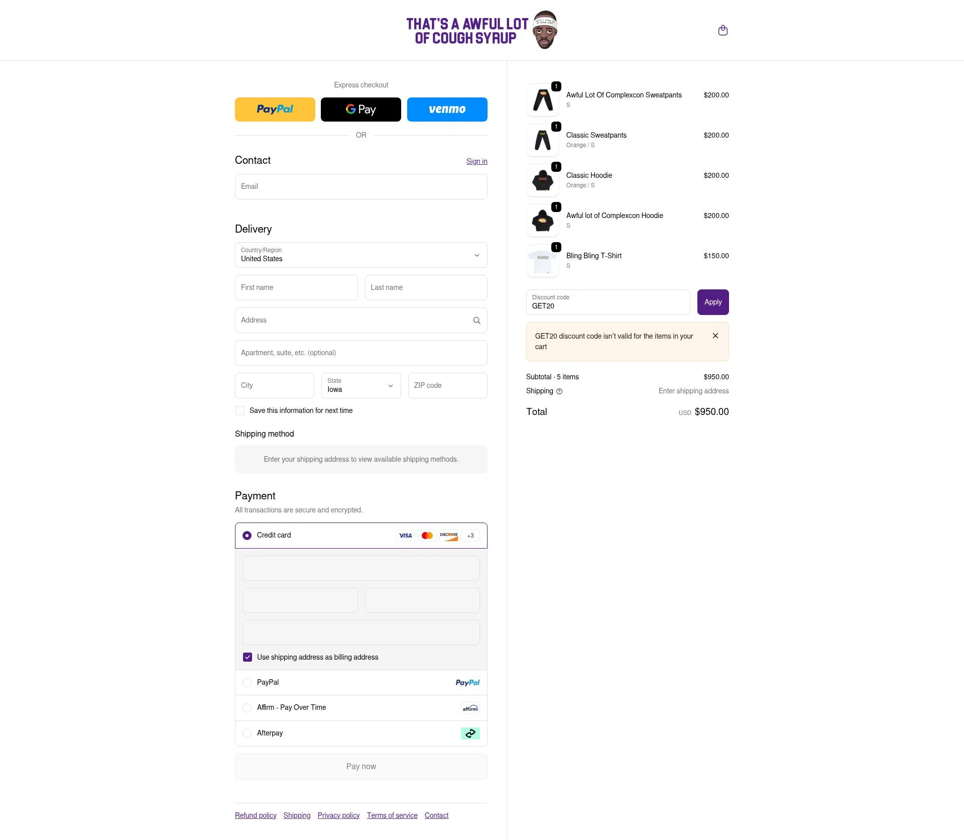 Thats A Awful Lot Of Cough Syrup checkout page showing Thats A Awful Lot Of Cough Syrup promo code box | Screenshot taken by SimplyCodes community member on Nov 9, 2025