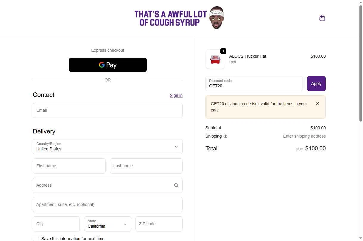 Thats A Awful Lot Of Cough Syrup checkout page showing Thats A Awful Lot Of Cough Syrup promo code box | Screenshot taken by SimplyCodes community member on Oct 23, 2025