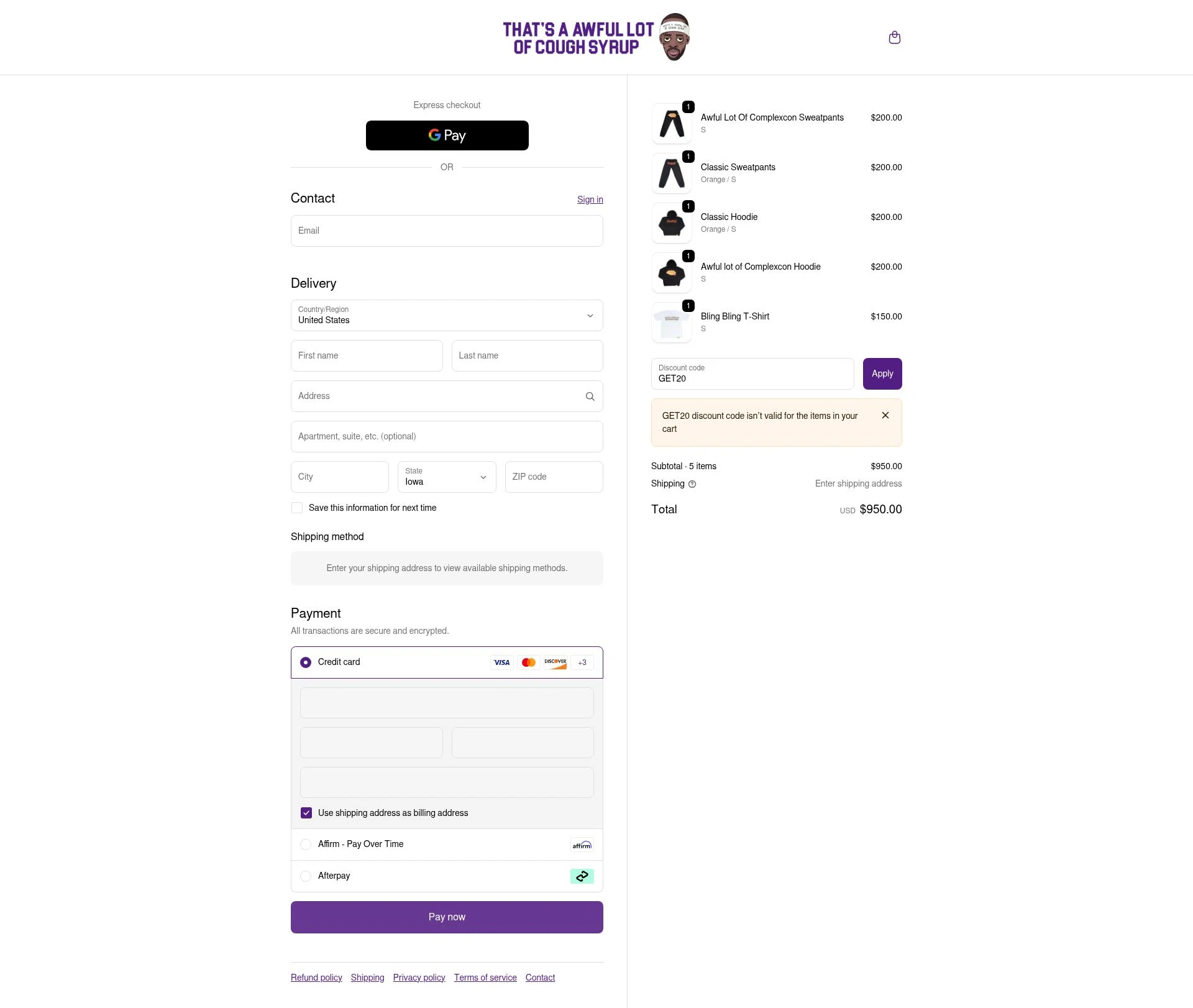 Thats A Awful Lot Of Cough Syrup checkout page showing Thats A Awful Lot Of Cough Syrup promo code box | Screenshot taken by SimplyCodes community member on Nov 3, 2025