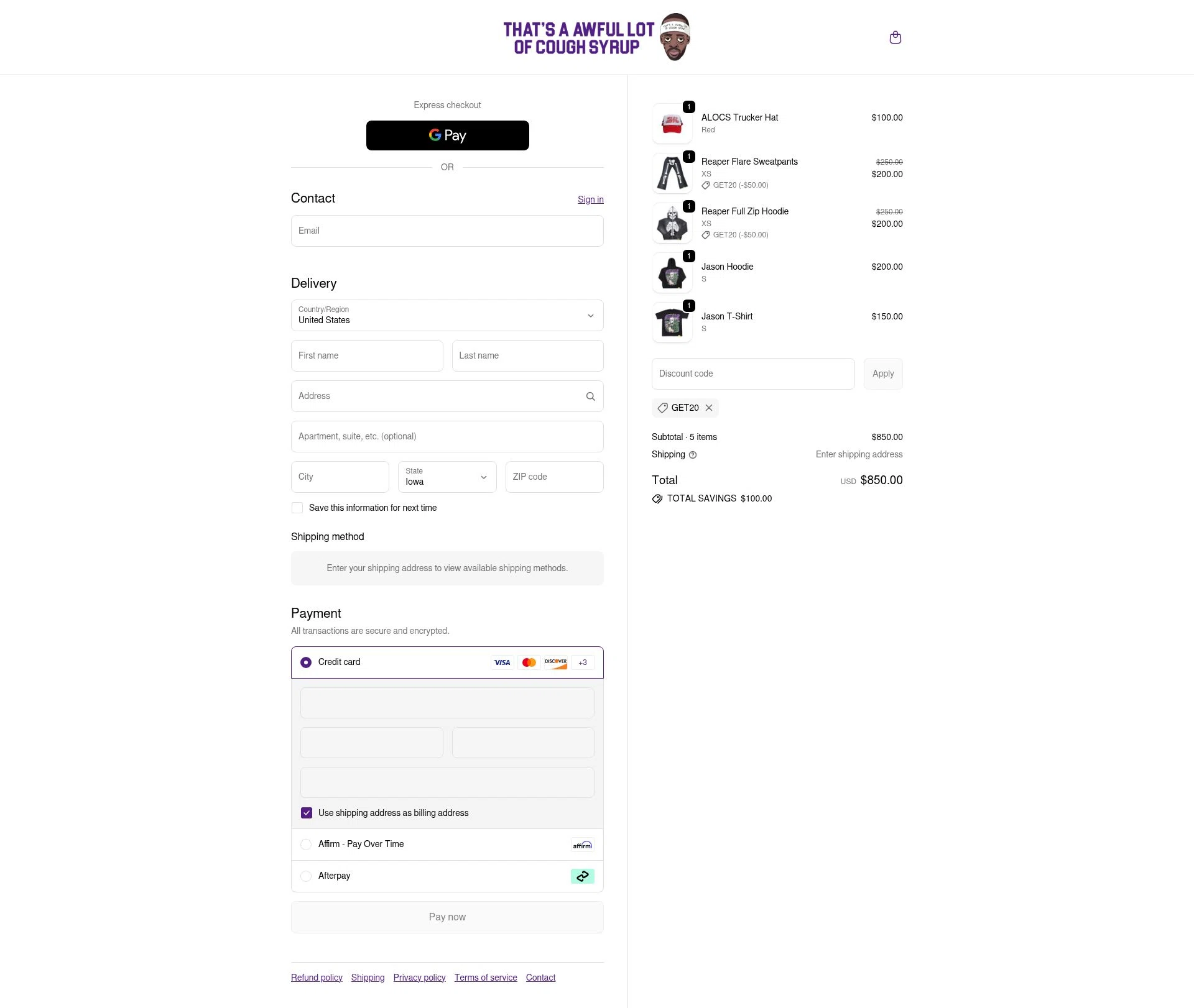 Thats A Awful Lot Of Cough Syrup checkout page showing Thats A Awful Lot Of Cough Syrup promo code box | Screenshot taken by SimplyCodes community member on Oct 27, 2025