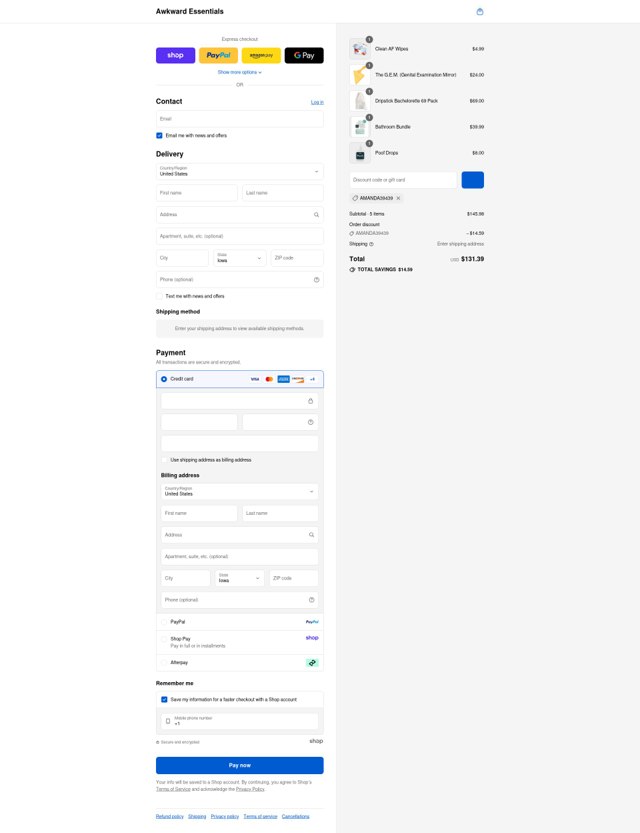Awkward Essentials checkout page showing Awkward Essentials discount code box | Screenshot taken by SimplyCodes community member on Sep 5, 2025