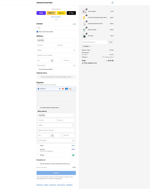 Awkward Essentials checkout page showing Awkward Essentials discount code box | Screenshot taken by SimplyCodes community member on Sep 5, 2025