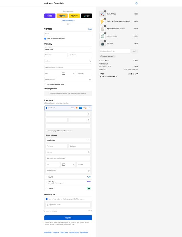 Awkward Essentials checkout page showing Awkward Essentials discount code box | Screenshot taken by SimplyCodes community member on Sep 5, 2025