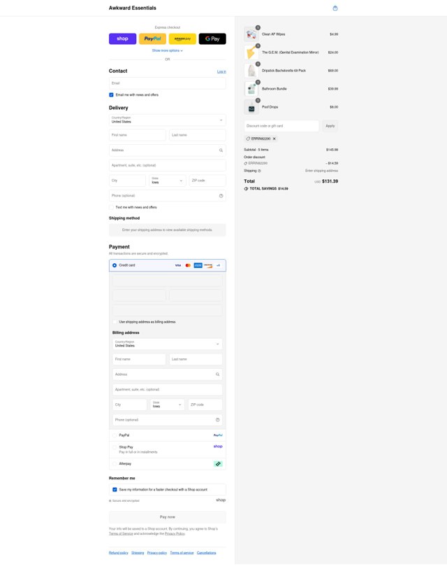 Awkward Essentials checkout page showing Awkward Essentials discount code box | Screenshot taken by SimplyCodes community member on Sep 5, 2025