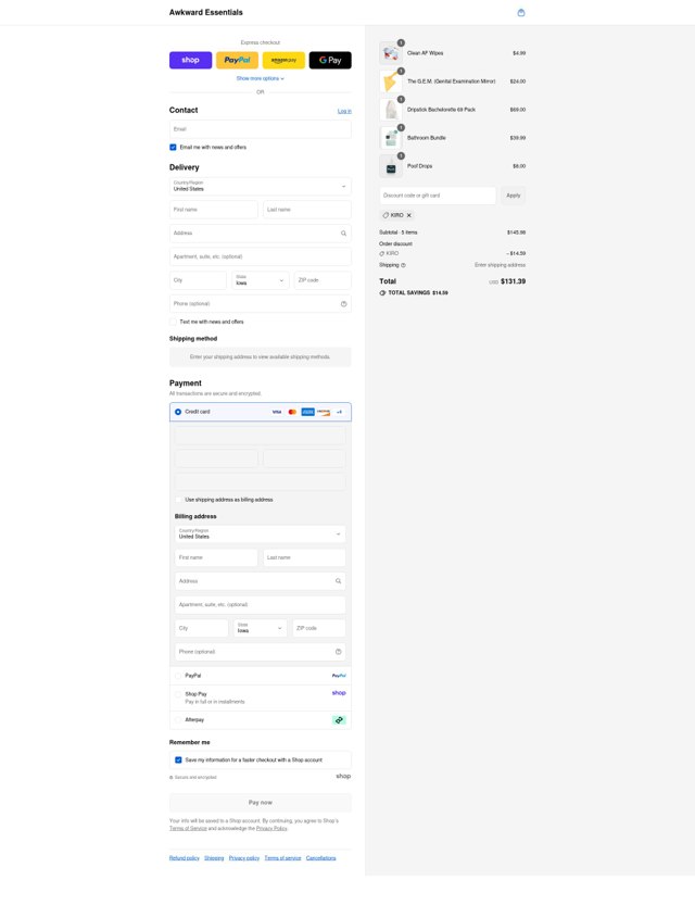 Awkward Essentials checkout page showing Awkward Essentials discount code box | Screenshot taken by SimplyCodes community member on Sep 5, 2025